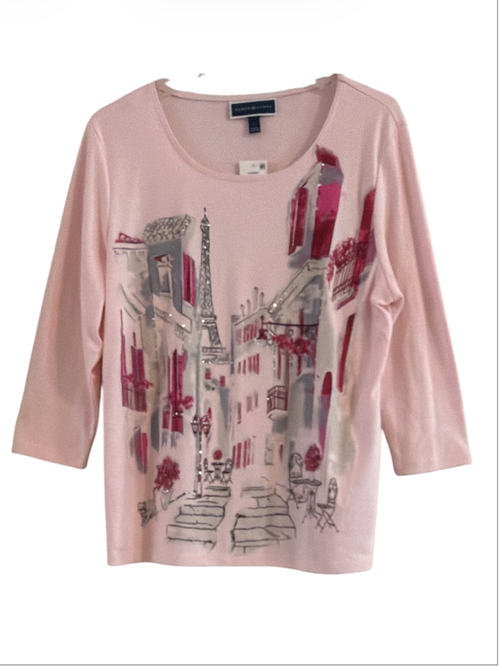 NWT Karen Scott Pink Paris Eiffel Tower Rhinestone Embellished Top 3/4 Sleeve L